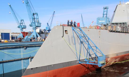 The USS Lyndon B. Johnson (DDG-1002) in drydock.